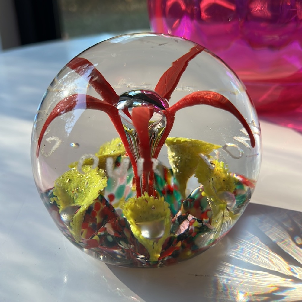 Vintage Art Glass Paperweight Yellow Red Multicolor Bubbles God Bless Our Home